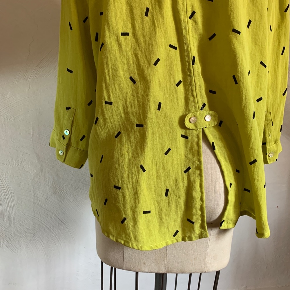 LINEN FRIDAZE maximalist button up tunic neon chartreuse lime with pop geometric - Picture 5 of 10